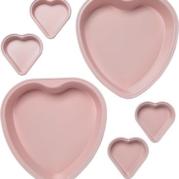 Heart Shaped Nonstick Bakeware Set, Easy Release Carbon Steel, Includes two 9.5-Inch Pans and four Mini 3.5-Inch Pans, Dishwasher Safe, Made without PFAS or PFOA, 6-Piece Set, Pink