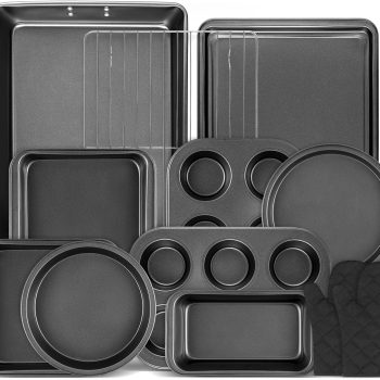12PCS Nonstick Bakeware Set, Non-Toxic Carbon Steel Baking Pans Set with Wider Grip, Includes Roasting Pan, Cookie Sheet, Cake Pans, Muffin Pans, Cooling Rack, Oven Mitts, Easy Release